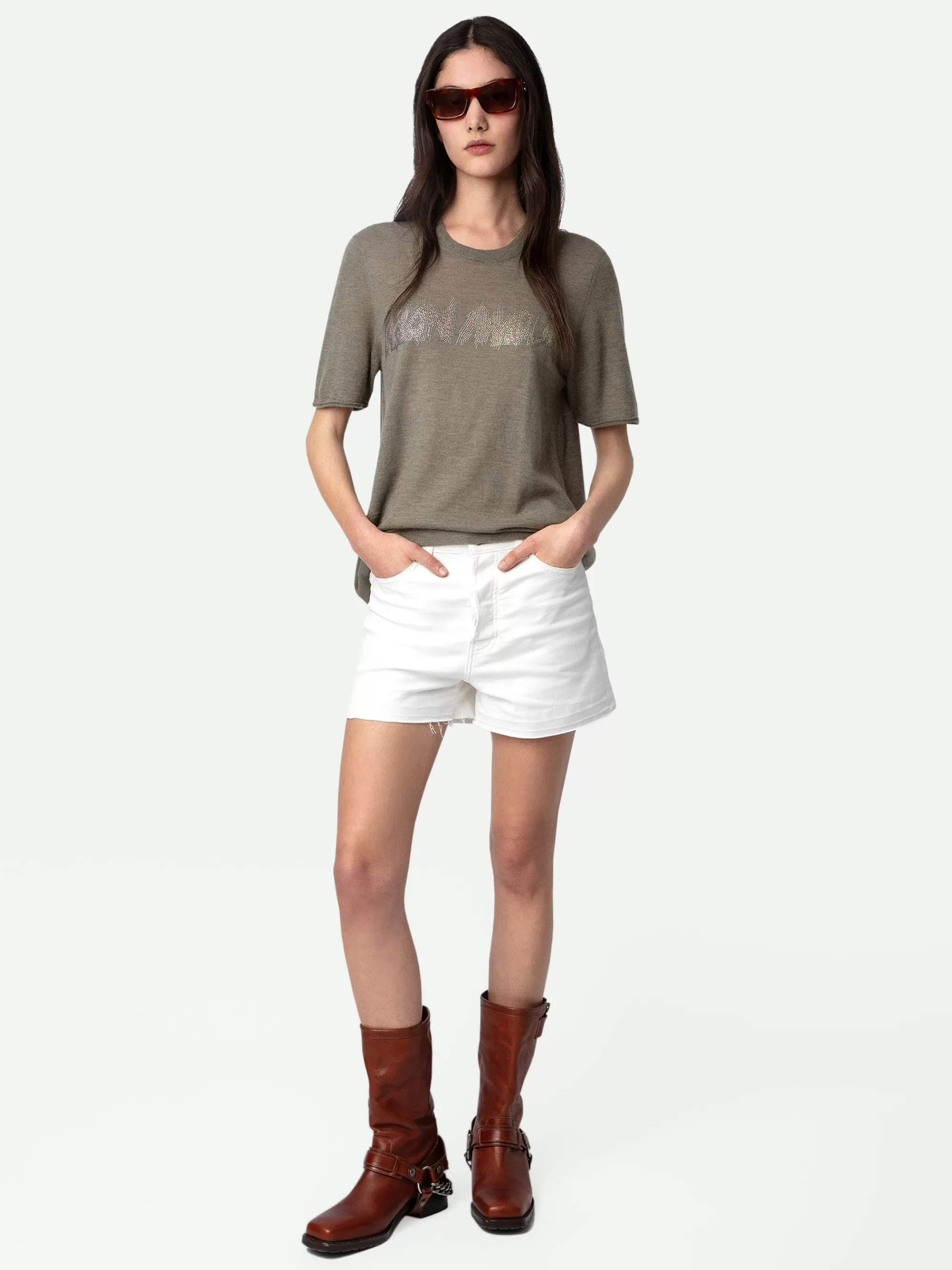 Sweaters & Cardigans | Cashmere | Zadig&Voltaire Ida Mon Amour Diamanté Cashmere Sweater Kaki clair